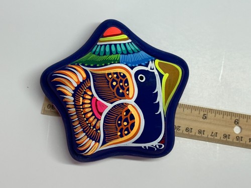 Talavera Mexico Red Clay Art Pottery Trinket Box Hand Painted Bird Bright Colors - Picture 3 of 7