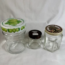 3 Antique Glass Jars Jelly With Lids Rare Trial Size Stachelbeere London