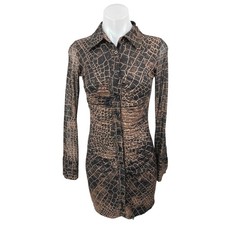 Fashion Nova Brown Black Snakeskin Long Sleeve Button Down Shirt Mini Dress S
