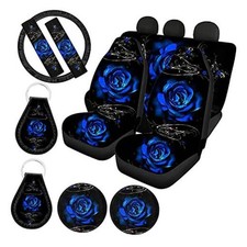 Biyejit Print Car Seat Covers And Steering Wheel Cover Full Set For Blue Rose