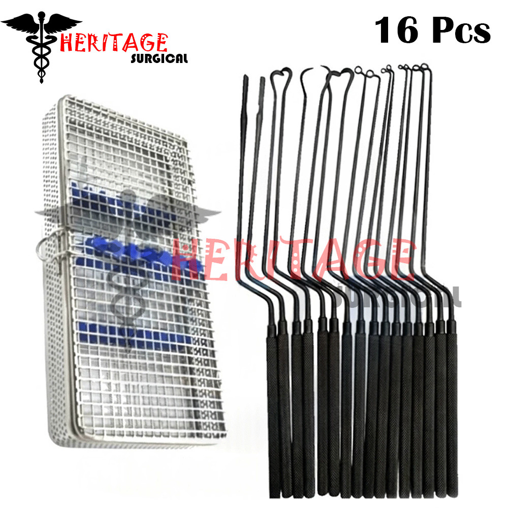 Hardy Hituitary Neuro Curetas Negras Juegos de 16 con Caja de Malla de Esterilización