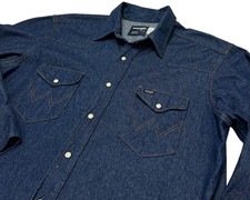 VTG Wrangler Denim Shirt Men XL 17.5-34 X-Long Tails Western Pearl Snap IRRG