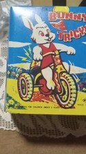Mechanical Bunny Tricycle Tin Toy Vintage Easter Theme with Flag