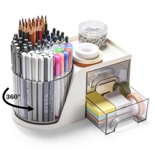 Rotating Desk Organizer with 2 Drawer Pencil Pen Holder for Desk Desk Organizers