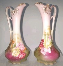 2 Vases M. Z. Austria 16cm High Porcelain Floral With Gold Trim Hand Painted 