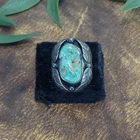 Turquoise 925 Sterling Silver Ring w/ Leaf Accents Mexico Native sz 7.5 Vintage