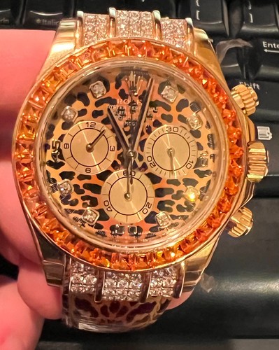 ROLEX 18K Yellow GOLD DAYTONA COSMOGRAPH Leopard Saphire Bezel Diamonds 116598