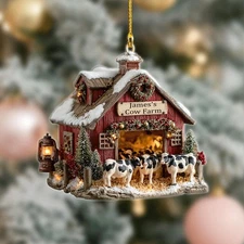 Custom Cow Farm Christmas Ornament, Barn with Cows, Farmhouse Holiday Tree Decor