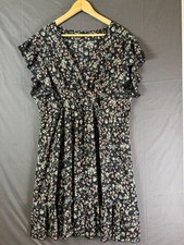 SHEIN Curve Dress Womens 3XL Black Floral Faux Wrap V Neck Ruffle Short Sleeve