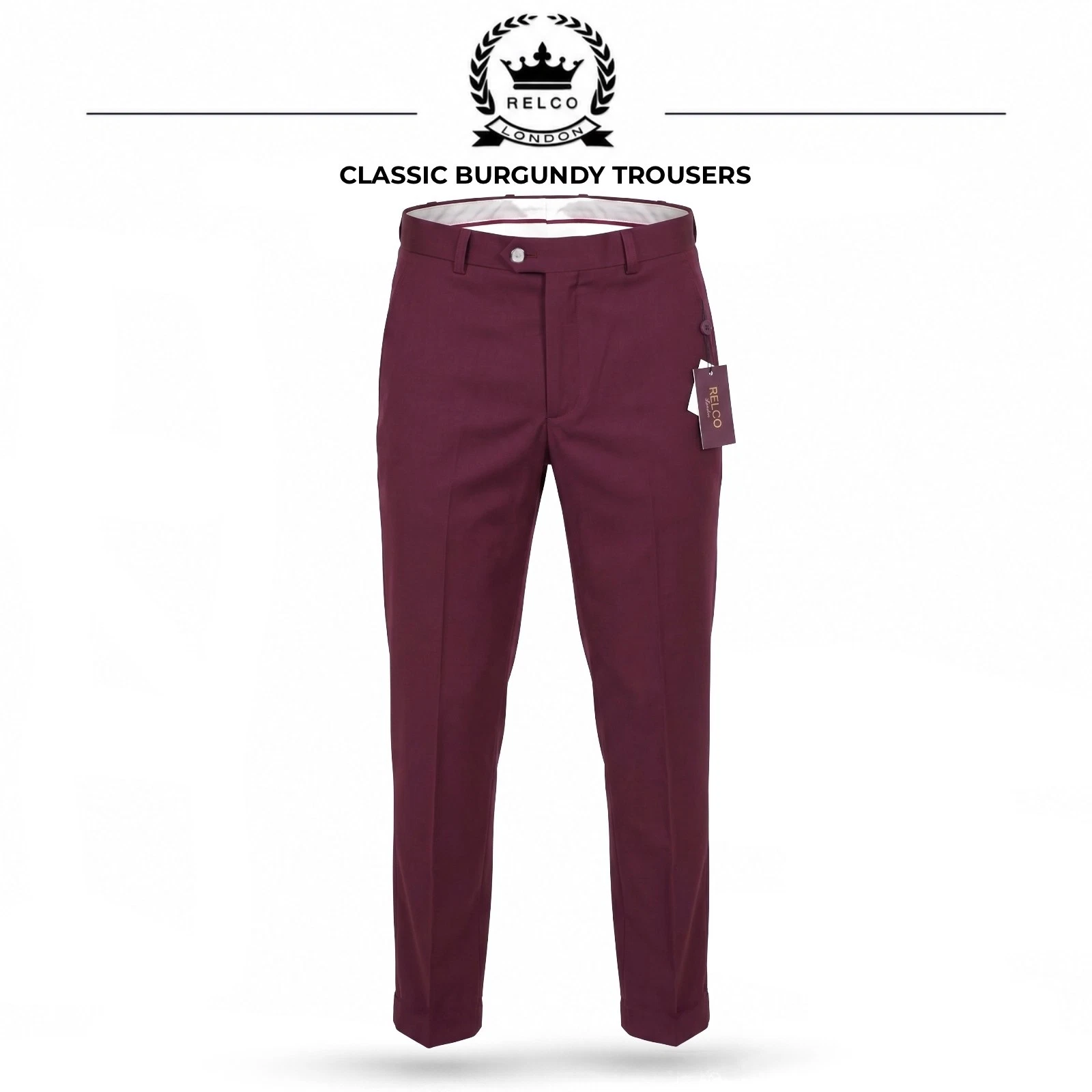 Relco Mens Burgundy Stay Press Classic Trousers Mod Retro Sta Pressed Prest Vtg