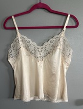 Vintage 80s Vanity Fair Blush Pink Satin Lace Trim Camisole Size 36 Made In USA