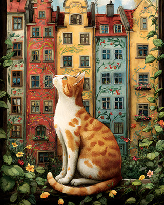 8x10 Cozy Storybook Cat Sitting on Ledge Art Print Cottagecore - 566811513