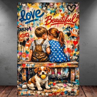 LEINWAND BILD ER XXL ABSTRAKT BANKSY KIDS LOVE HUND GRAFFITI STREET POP ART 2058