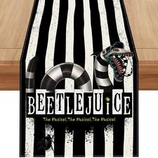 Linen Black and White Stripe Beetlejuice Halloween Table Runner 72in Long Scary