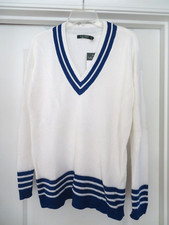NWT NEW Lauren Ralph Lauren White V Neck LS Sweater Royal Blue Trim 110