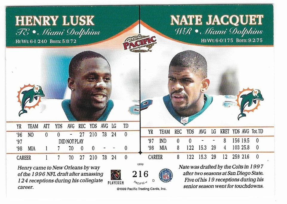 1999 Pacific Opening Day Parallel #216 /45 Henry Lusk Nate Jacquet Dolphins NFL - Image 2 of 2