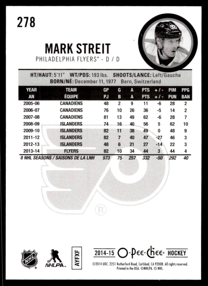 2014-15 O-Pee-Chee RAINBOW Mark Streit Philadelphia Flyers #278 R85 - Image 2 of 2