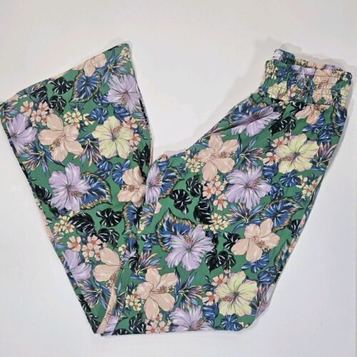 Oneill Womens Pants Large Green Tropical Floral Wide Leg Stretchy Flowy Bottom