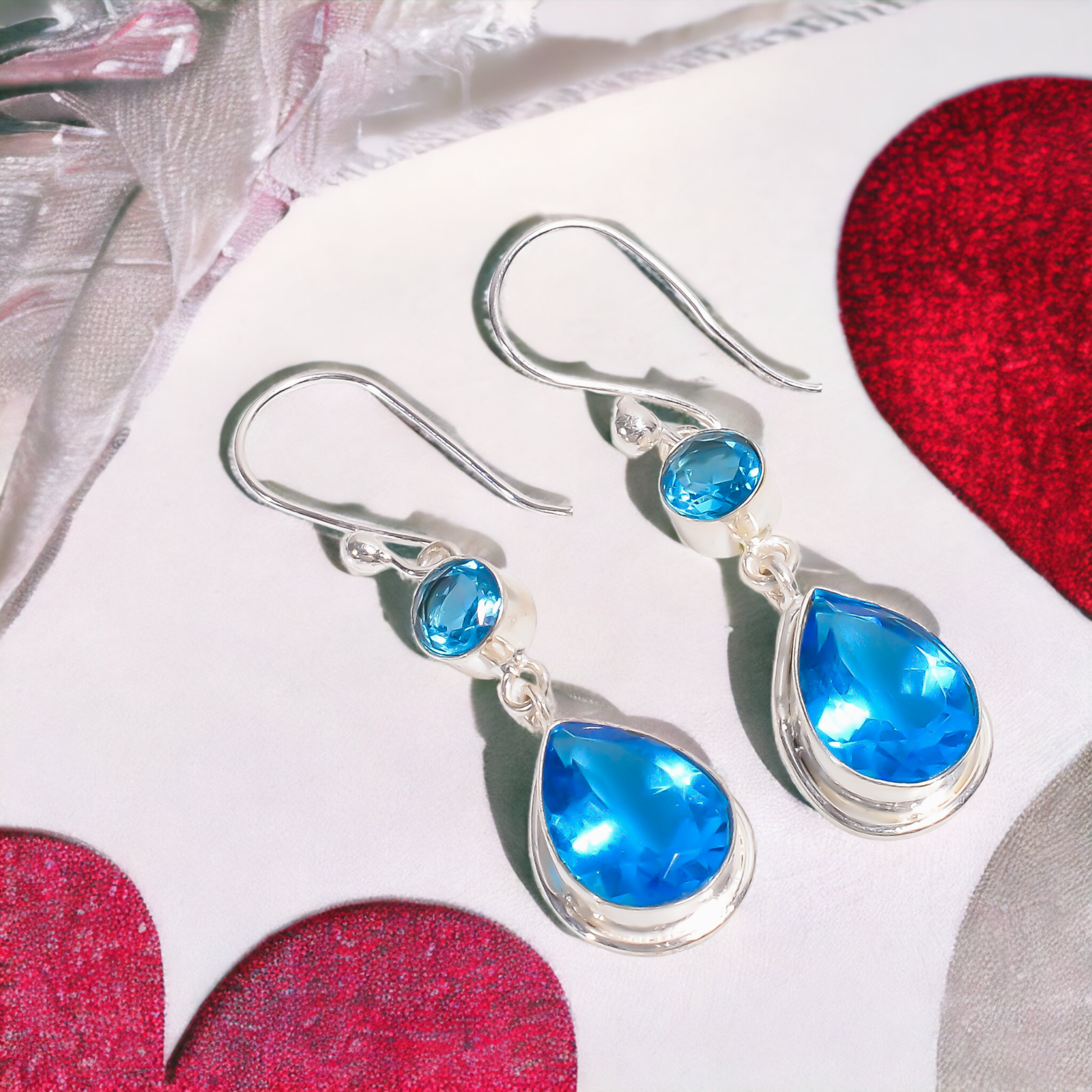 Natural Swiss Blue Topaz Gemstone Drop/Dangle Earrings 925 Silver For Women