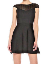 French Connection ~ Black Sheer Stripe Bodice Cap Sleeve Flare Dress 2 NEW $138