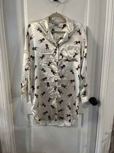 Kathryn Women's Silky Button Night Shirt Medium Cream With Fancy Chairs