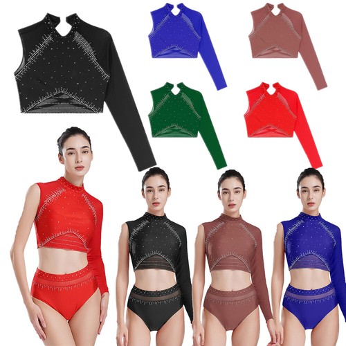 Women Crop Top Dance T-shirt Athletic Tops Lyrical Blouse Rhinestones Dancewear - Picture 2 of 68