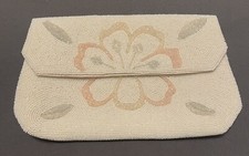 Vintage La Regale Floral Ivory Hand Beaded Purse Evening Bag Clutch With Mirror