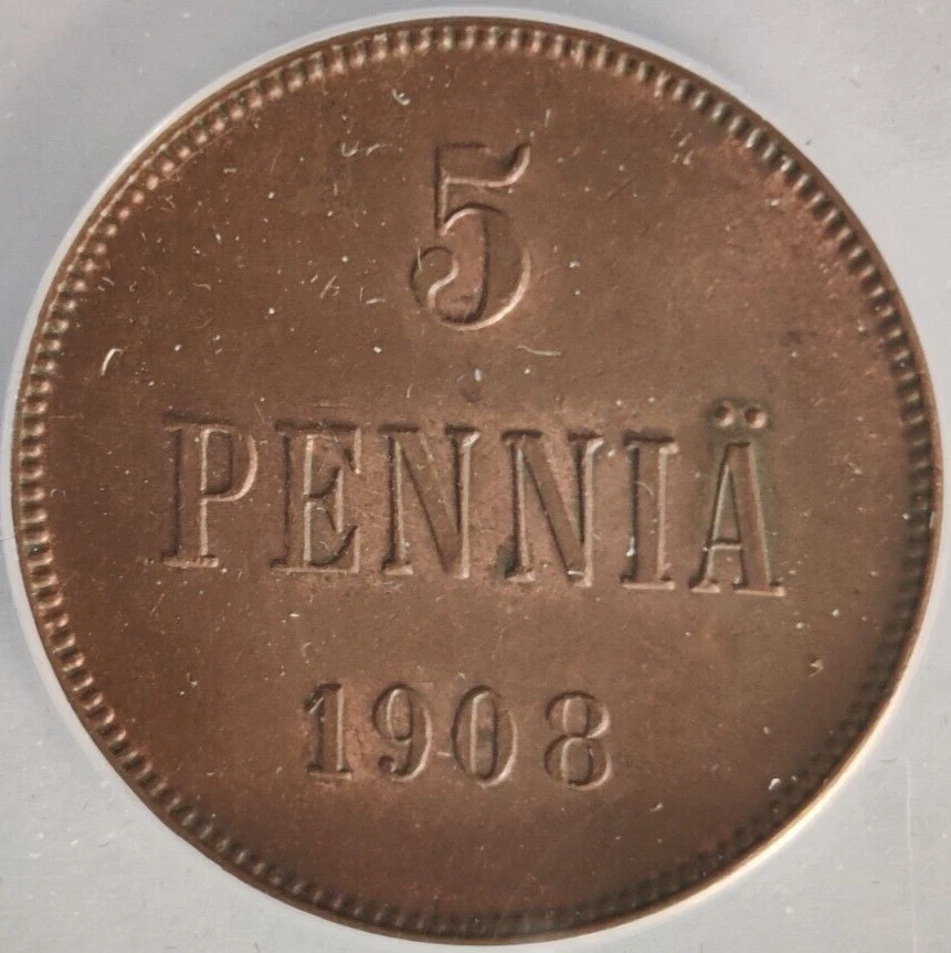 Moneda de cinco peniques 1908 El Gran Ducado de Finlandia MS62 BRN ANACS 3B Foto 3 de 4