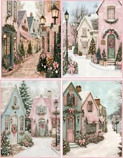 8 Christmas Shabby Chic Pink houses Village glossy blank fold out card envelopes