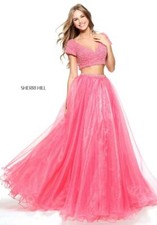 Sherri Hill 51039 Coral Shimmering Crop Top Ball Gown Dress sz 0