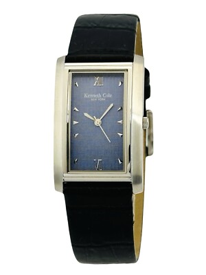 Kenneth Cole KC1145 Blue Linen Dial Curved Case Glass Black Leath Strap  Watch