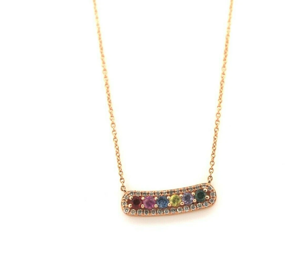 Collar colgante de barra arco iris de diamantes y piedras preciosas múltiples de oro rosa macizo de 14 k Foto 4 de 4