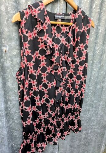 Karl Lagerfeld Paris XL black floral sleeveless chiffon ruffle blouse top - Picture 2 of 9