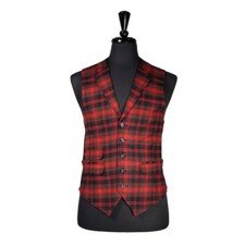 Mens Wool Waistcoat Vest 40R Red Black Brown Tartan Plaid Formal Wedding Retro