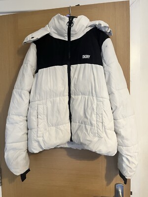 DKNY Sport White Colourblock Padded Puffer Jacket Size L Removable Hood  UK