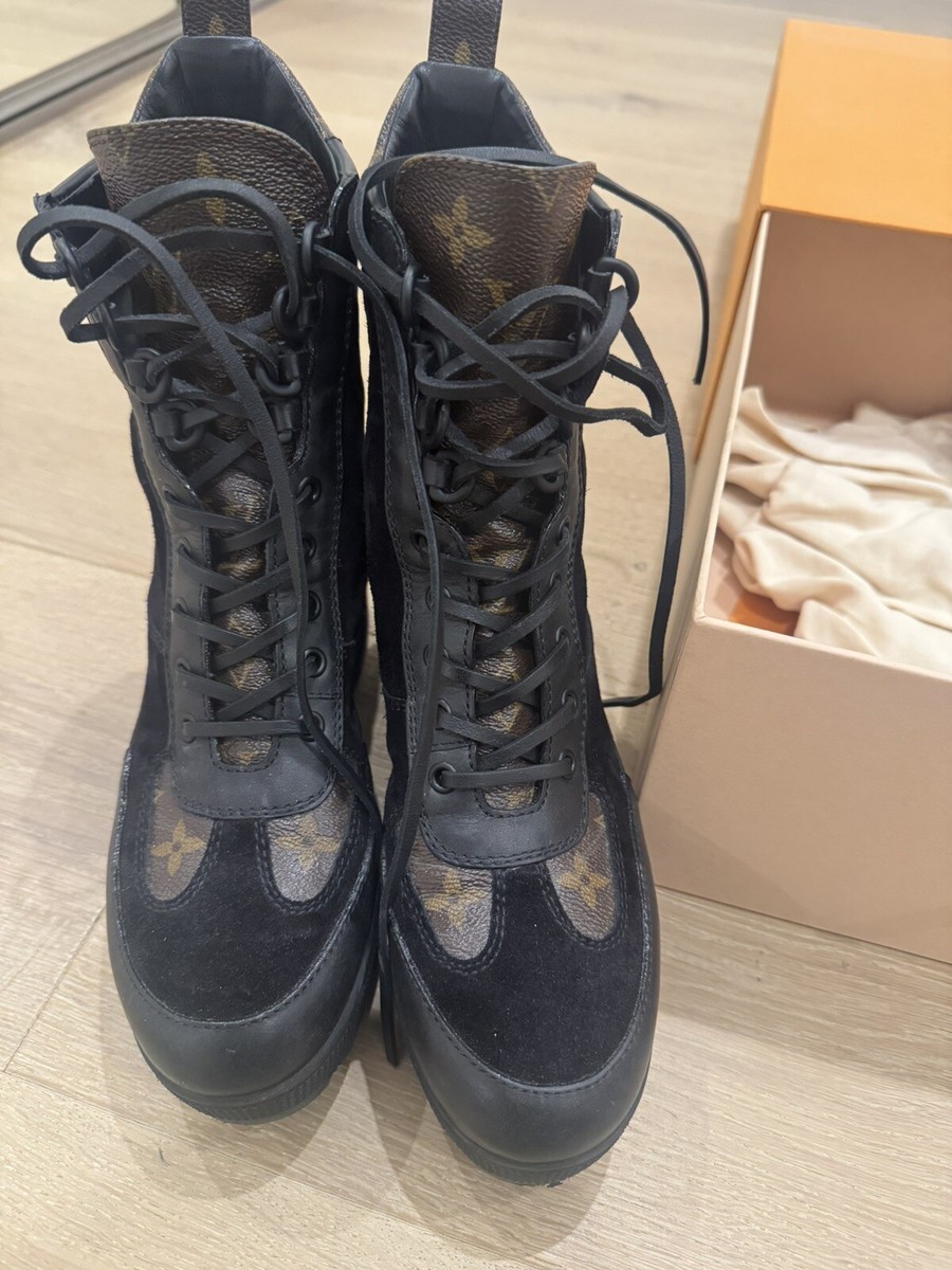 LOUIS VUITTON LAUREATE PLATFORM DESERT BOOT SIZE 37 1/2 MONOGRAM 100  AUTH