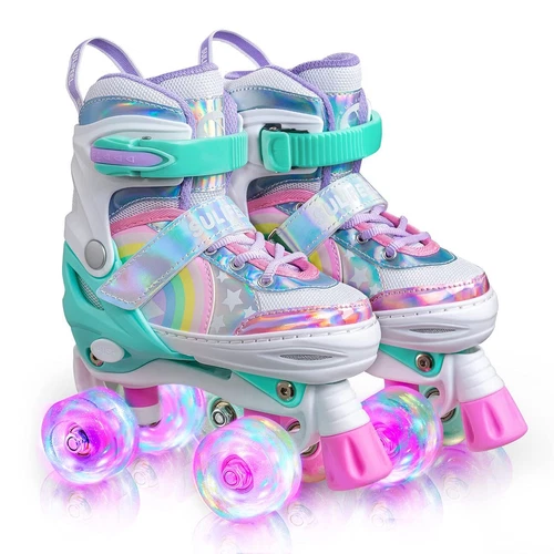 SULIFEEL Rainbow Unicorn 4 Size Adjustable Light up Roller Skates for Girls B...