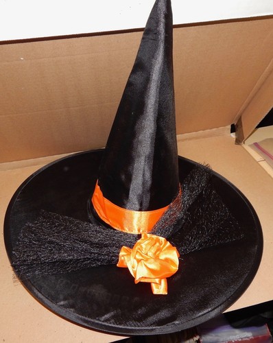 Halloween Costume Adult Witch Hats 18" Wide 14" High Orange & Pink Roses 127D - Picture 4 of 5