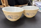 Vintage Pyrex Homestead Blue Tan Speckled Nesting Mixing Bowls Qty 2  401  750ml
