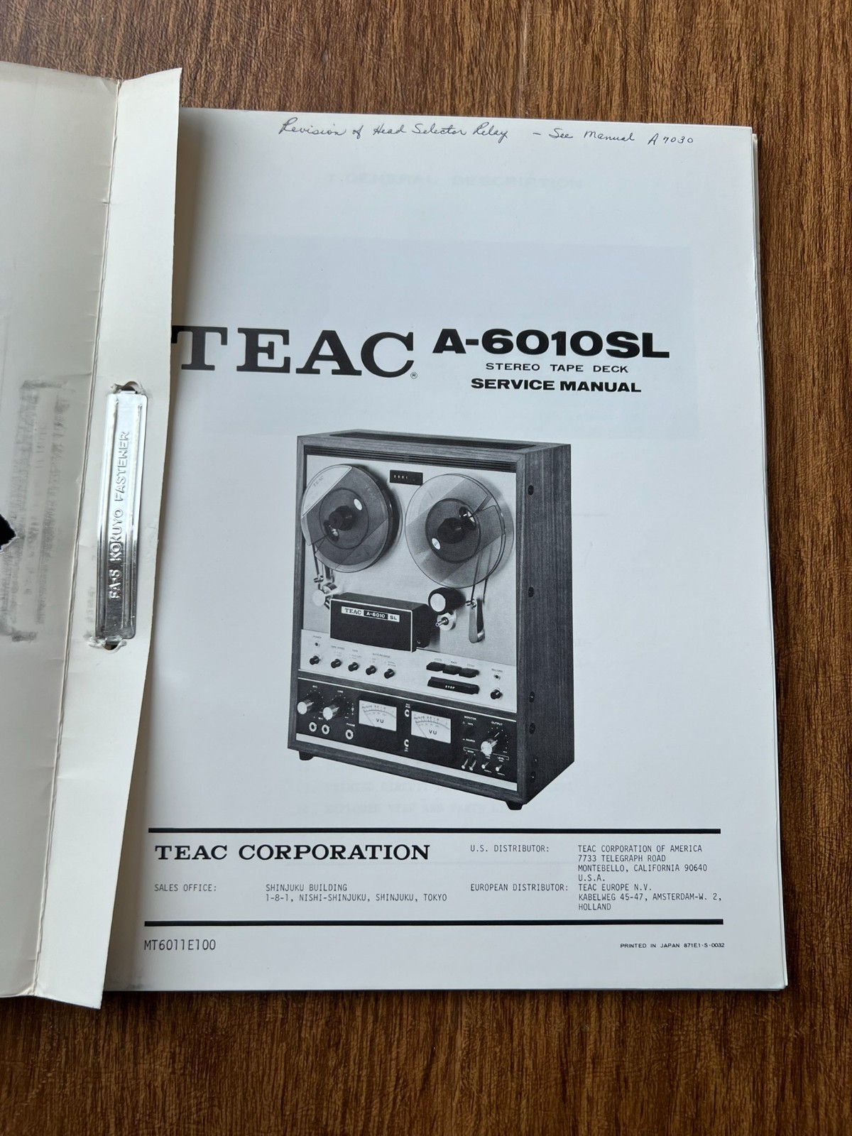 Original TEAC A-6010 Reel to Reel Service Manual / Schematics