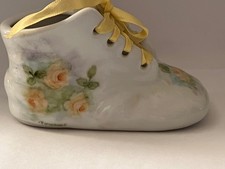 Vintage Ceramic White Baby Shoe, with Floral Hand Painted Design, Gold Lace.