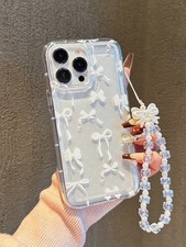 Clear Bow Phone Case with Beaded Wrist Strap For iPhone 17 16 15 14 13 11 12 XR