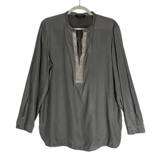 LAFAYETTE 148 NEW YORK 100% Silk Sparkle Embellished V Neck Tunic Top Sz XL Grey