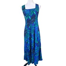 VTG Dress Barn Maxi Dress Women Size 8 Blue Green Tropical Leaf Cross Back Rayon