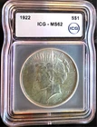 1922 Peace Dollar ICG MS62 USA Crack Slab Bullion-90% Silver 0.77 Oz Art Coin