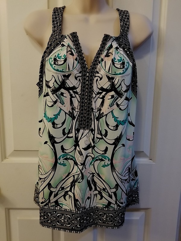 WHITE HOUSE BLACK MARKET Floral Blouse Sleeveless V-Neck With Beaded Trim SZ XS