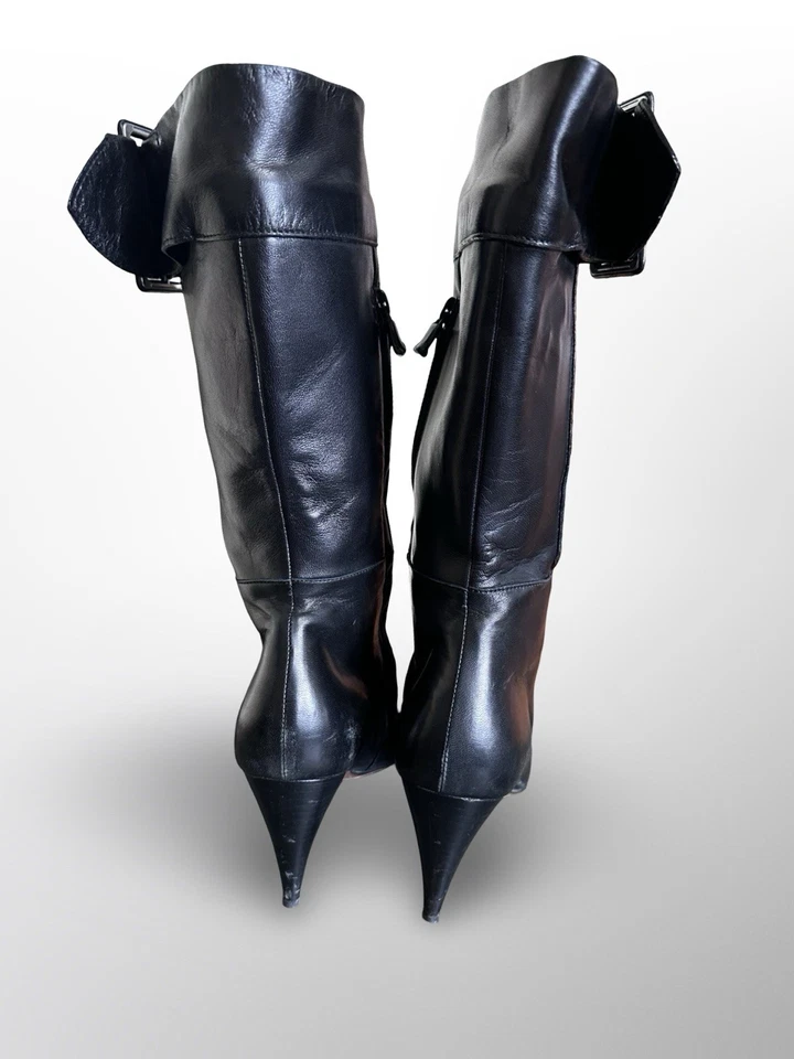 Botas negras vintage Y2K Disfraz Nacional con cinturón media pantorrilla punta de aguja punta 39 Foto 3 de 4