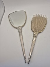 Vintage Vanity Brush and Mirror Set Silver Tone With Floral Backing Beautiful