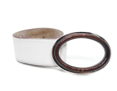 Dolce & Gabbana Textured Oval Wooden Buckle Leather Belt Y2K 00s