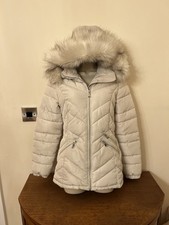 F&F Ladies Beige Padded Quilted Puffer Jacket Fur Trim Hood Coat Size 10 38in